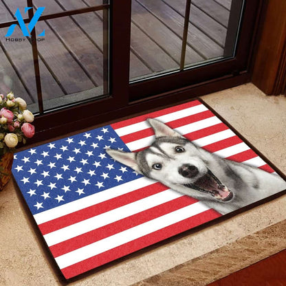 Amazing Siberian Husky With American Flag - Dog Doormat Welcome Mat House Warming Gift Home Decor Gift for Dog Lovers Funny Doormat Gift Idea
