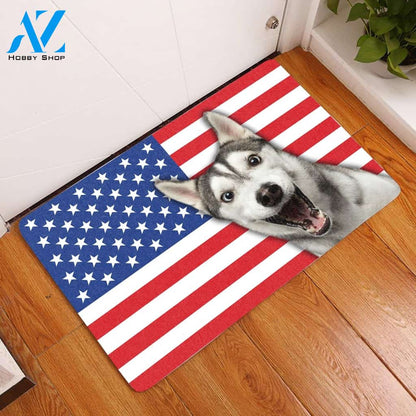 Amazing Siberian Husky With American Flag - Dog Doormat Welcome Mat House Warming Gift Home Decor Gift for Dog Lovers Funny Doormat Gift Idea