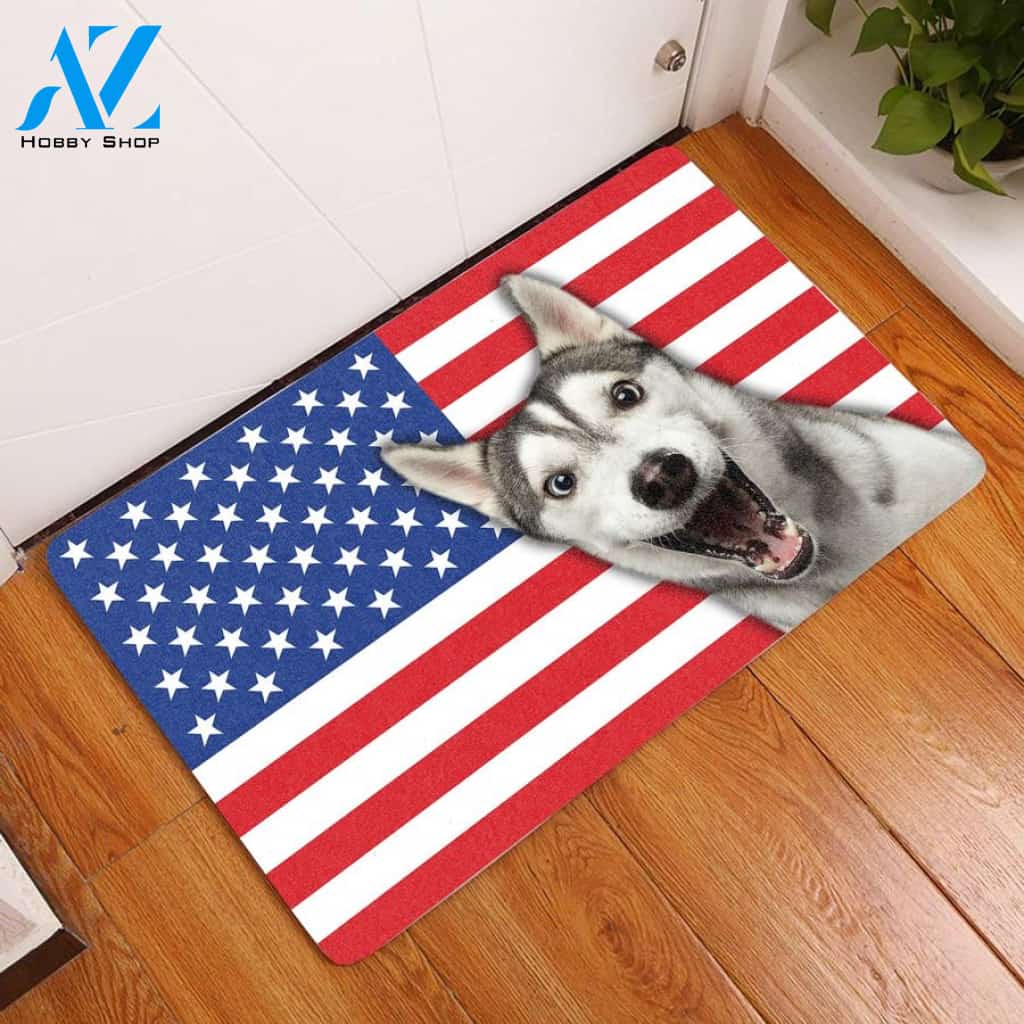 Amazing Siberian Husky With American Flag Doormat