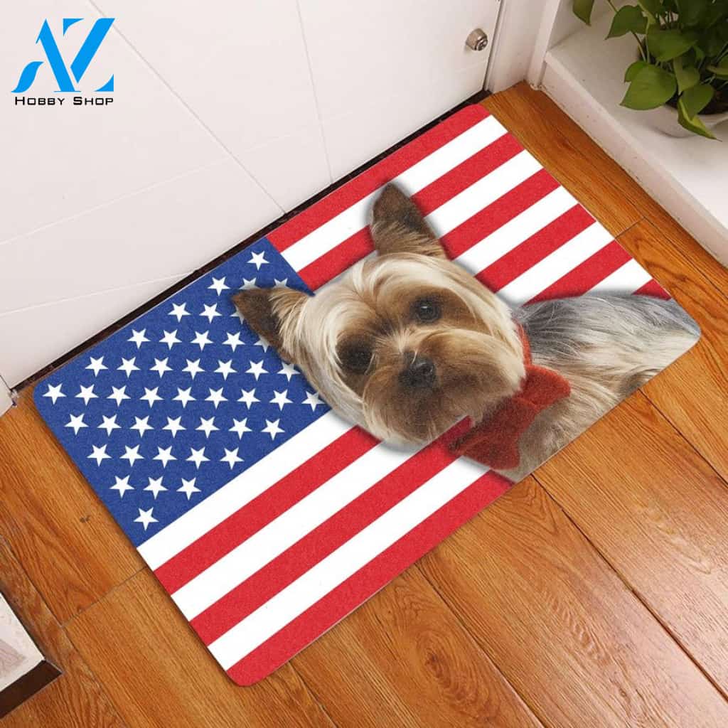 Amazing Yorkshire Terrier With American Flag Doormat