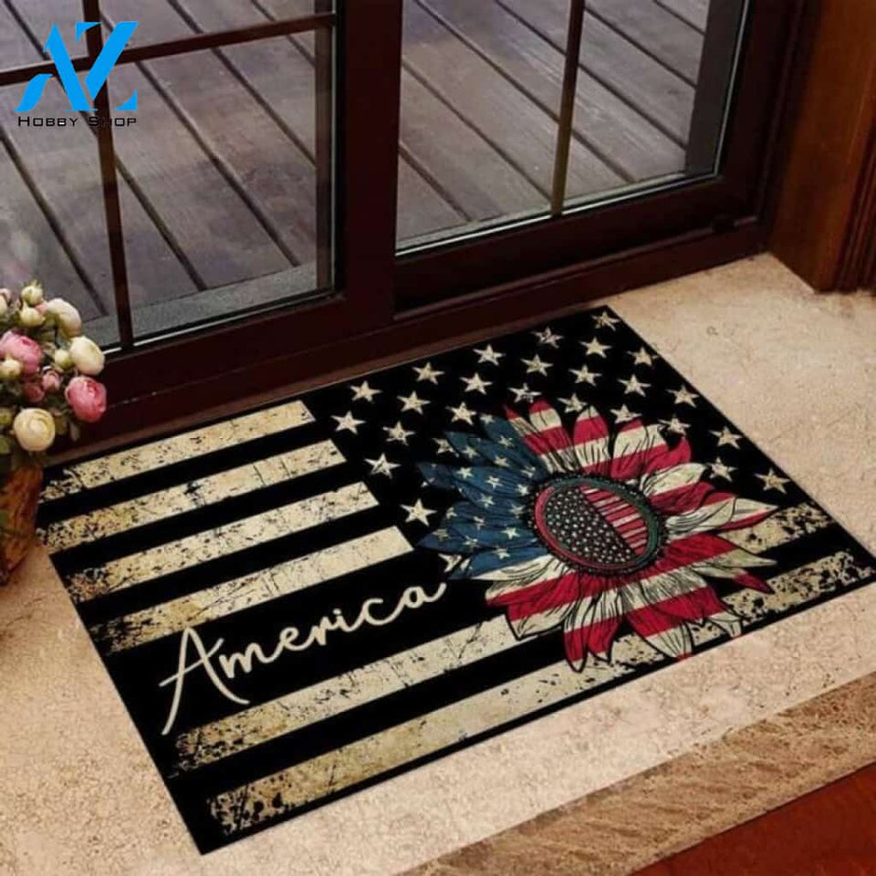America Sunflower US Flag Doormat | Welcome Mat | House Warming Gift