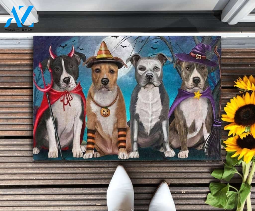 American Staffordshire Dog Happy Halloween Day Doormat Welcome Mat Housewarming Gift Home Decor Gift For Dog Lovers Funny Doormat Gift Idea For Halloween