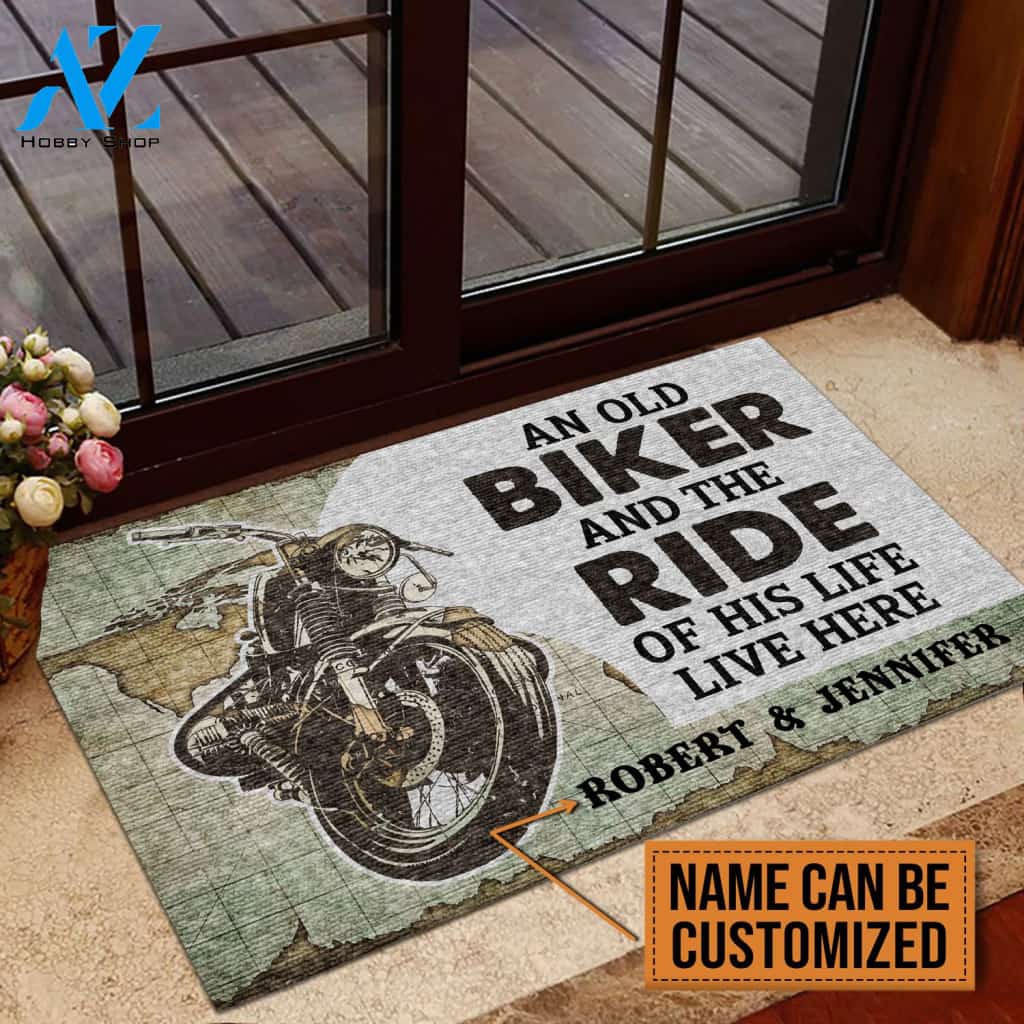 An Old Biker And The Ride Of His Life Live Here Personalized Doormat | Welcome Mat | House Warming Gift