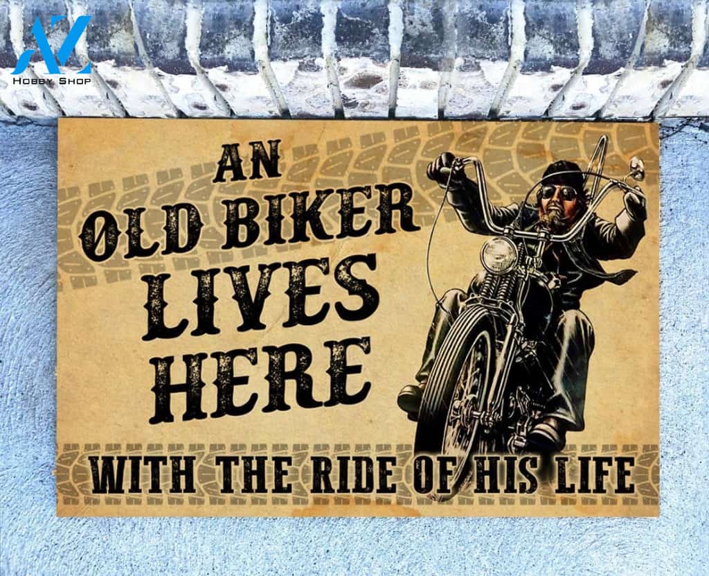 An Old Biker Lives Here Doormat | Welcome Mat | House Warming Gift