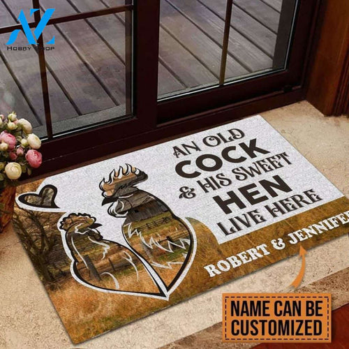 An Old Cock And His Sweet Hen Live Here Personalized Doormat | Welcome Mat | House Warming Gift