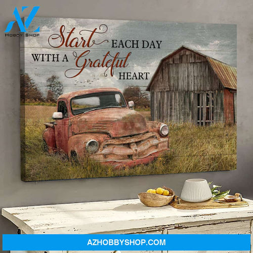 An old red car - Start each day with grateful heart - Jesus Landscape Canvas Prints, Wall Art