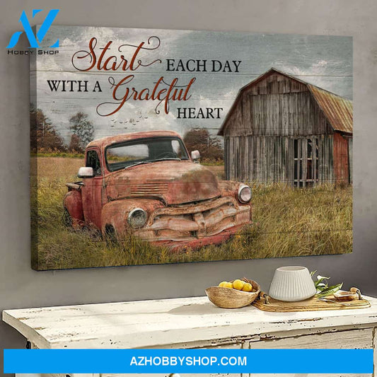 An old red car - Start each day with grateful heart - Jesus Landscape Canvas Prints, Wall Art
