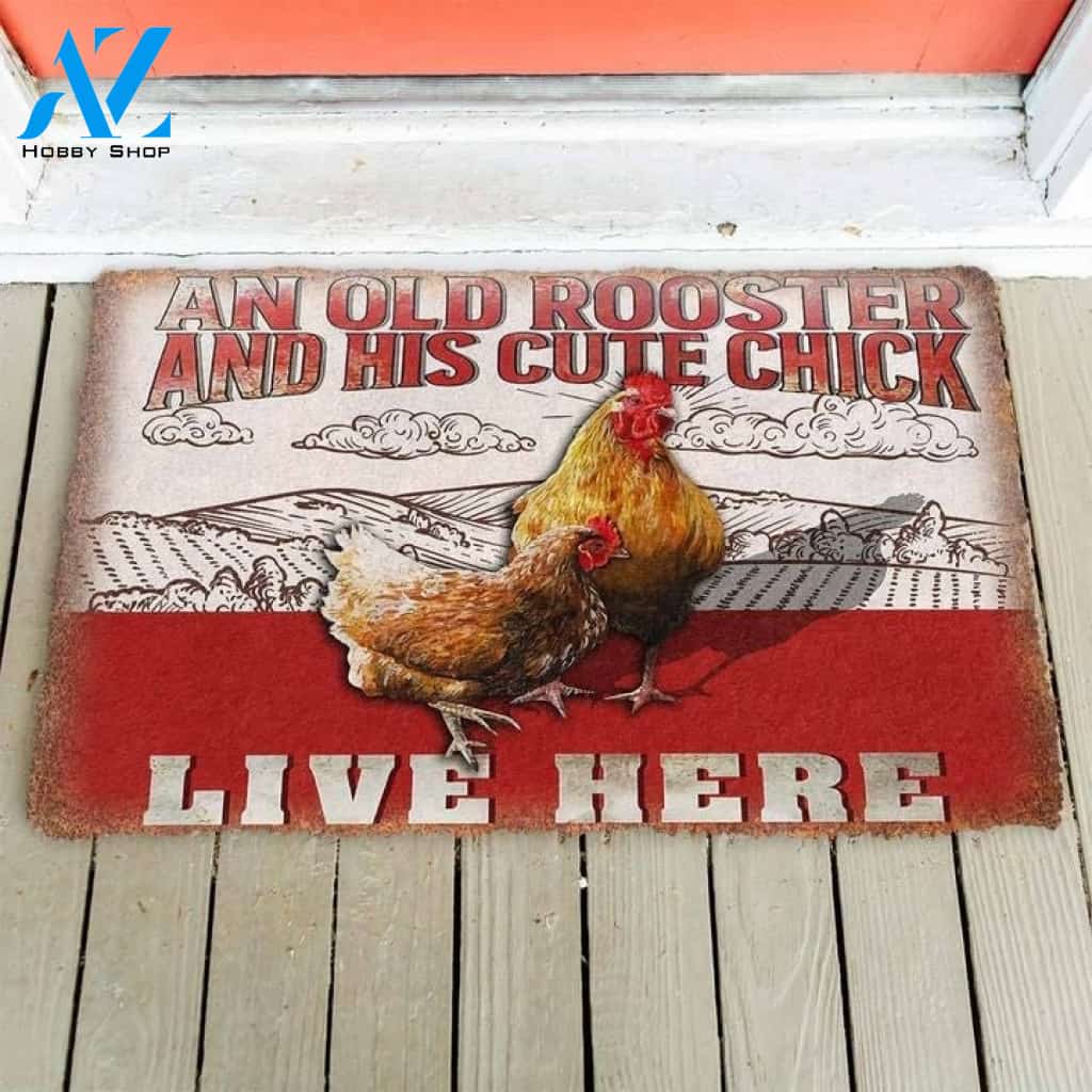 An Old Rooster And His Cute Chick Live Here Funny Indoor And Outdoor Doormat Gift For Couple Wife Husband Birthday Gift Decor Warm House Gift Welcome Mat
