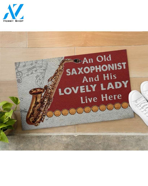 An Old Saxophonist And His Lovely Lady Live Here Indoor And Outdoor Doormat Welcome Mat Housewarming Gift Home Decor Funny Doormat Gift Idea