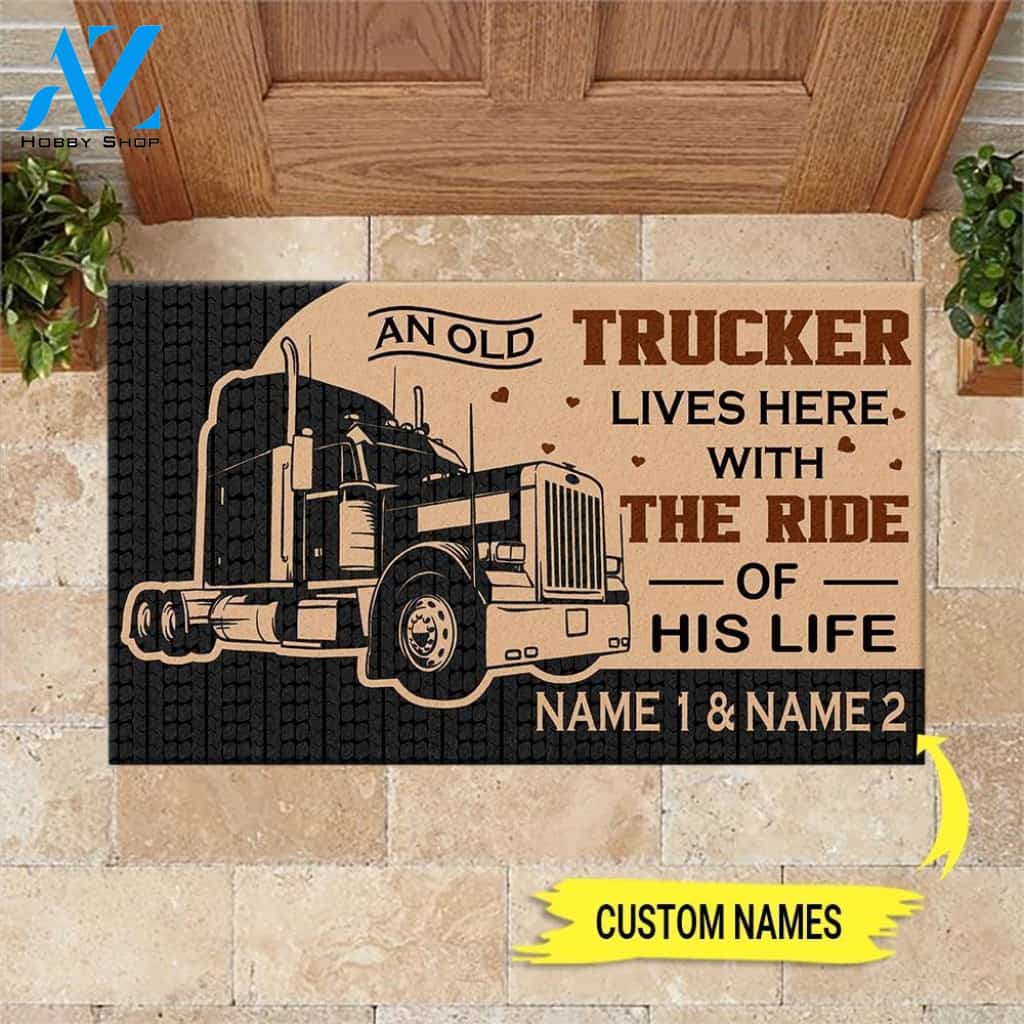 An Old Trucker Lives Here With The Ride Of His Life Personalized Doormat | Welcome Mat | House Warming Gift