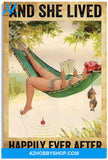 And She Lived Happily Ever After Reading Books Hammock Beach Hot Summer Holiday Vibe Vintage Canvas And Poster, Wall Decor Visual Art