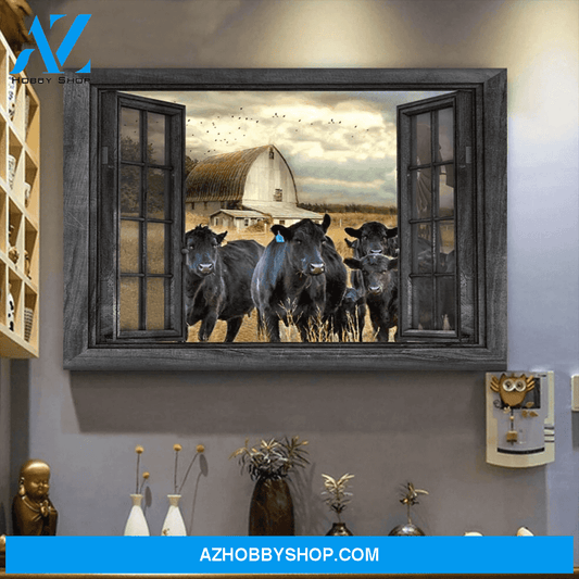 Angus Cattle Cow Outside The Window Vintage Canvas And Poster Wall Art Prints, Farmhouse Decor