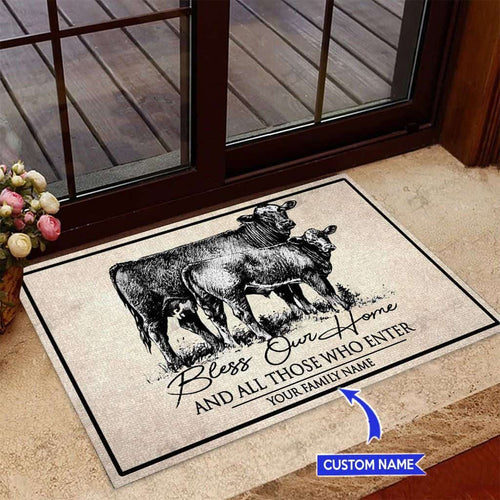 Angus Cow Bless Our Home Personalized Custom Name Doormat Welcome Mat