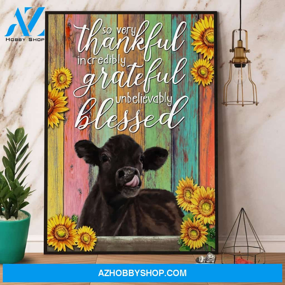 Angus Cow & Sunflower So Very Thankful Incredibly Grateful Unbelievably Blessed Canvas And Poster, Wall Decor Visual Art