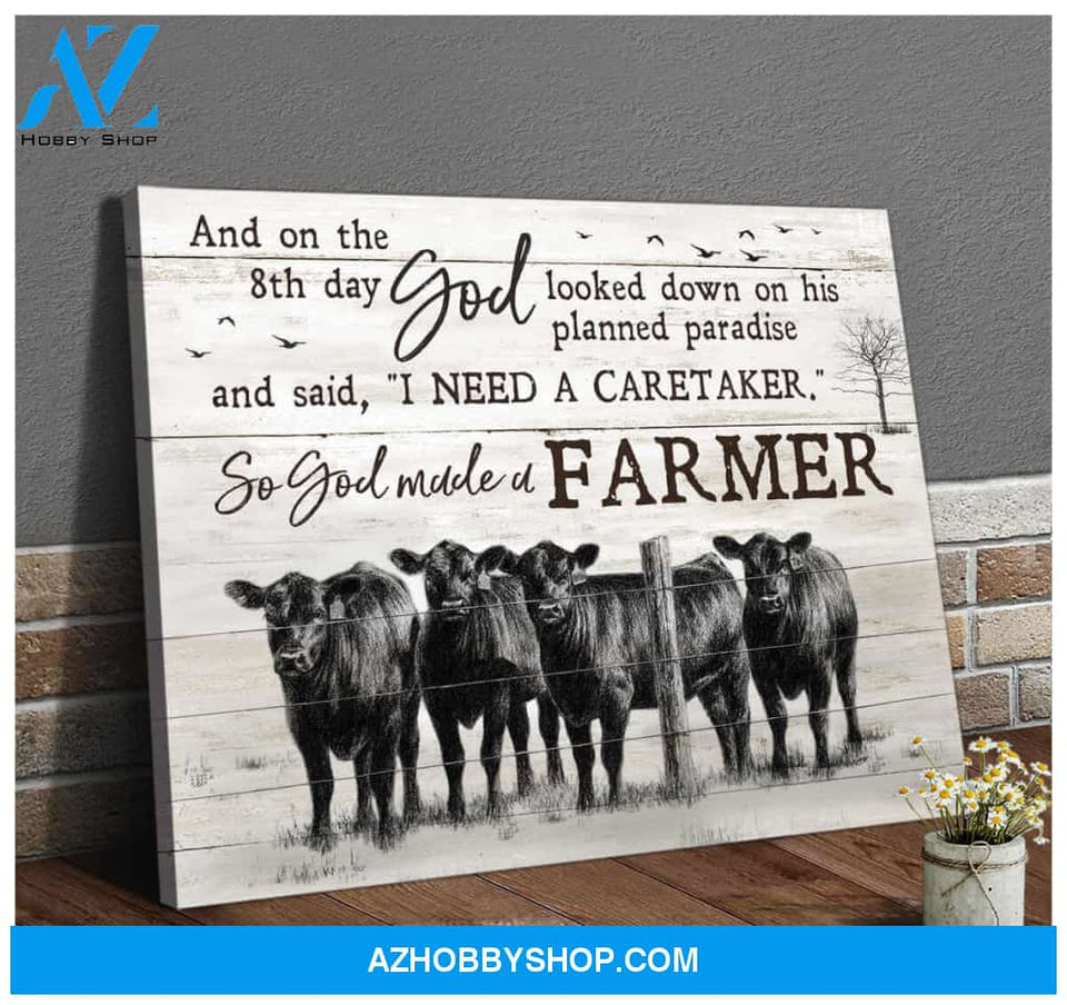 Angus Cows Farmhouse Farm Canvas So God Made A Farmer Wall Art Decor, Wall Decor Visual Art