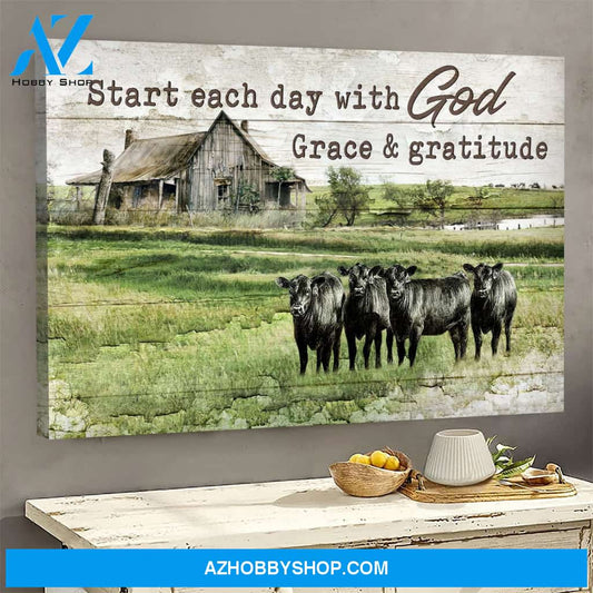 Angus cows - Start each day with God grace and gratitude - Jesus Landscape Canvas Prints - Wall Art