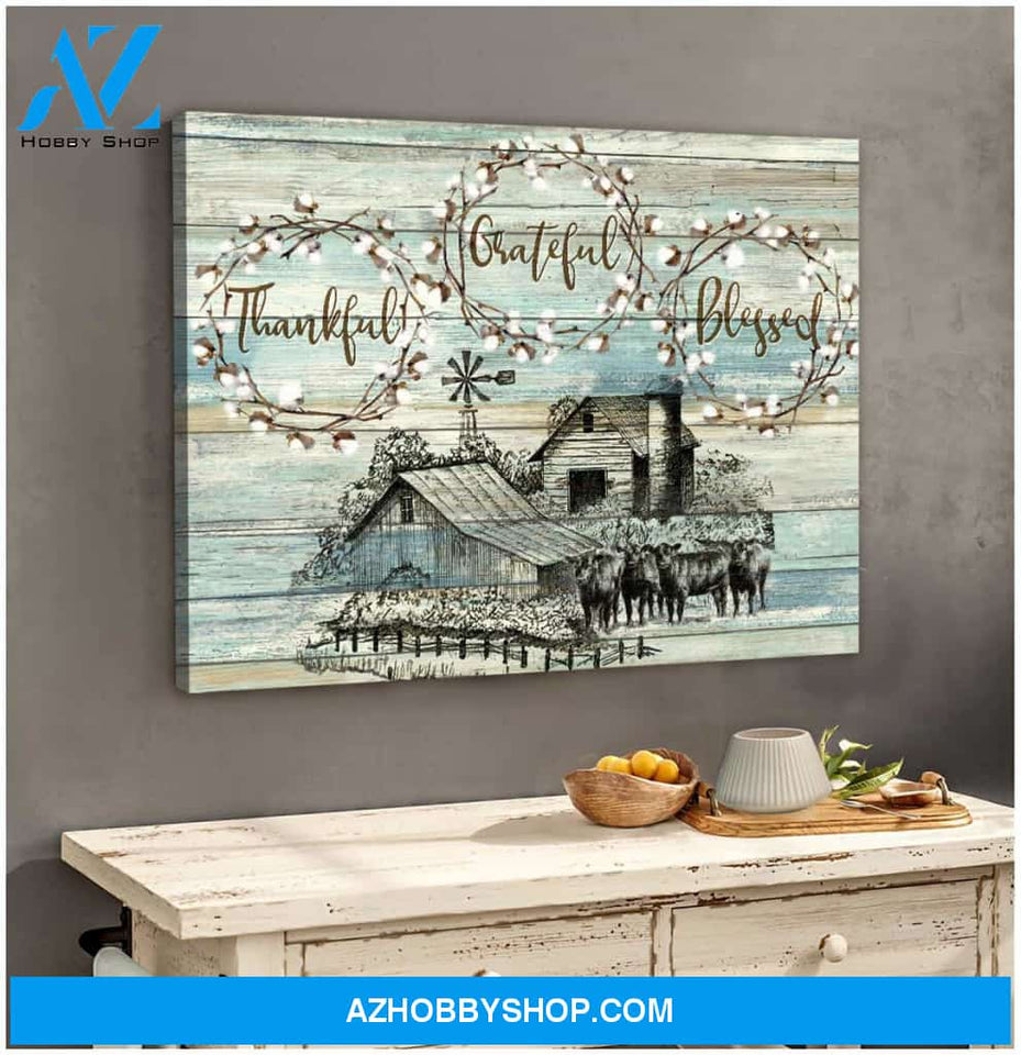 Angus Cows Thankful Grateful Blessed Farm Canvas Wall Art Farmhouse Decor