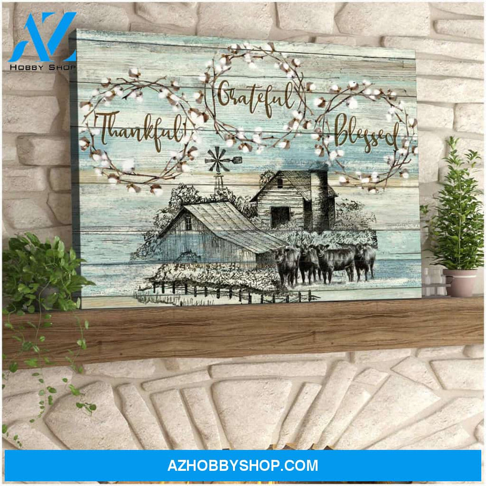 Angus Cows Thankful Grateful Blessed Farm Canvas Wall Art Farmhouse Decor