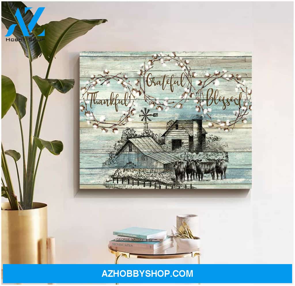 Angus Cows Thankful Grateful Blessed Farm Canvas Wall Art Farmhouse Decor