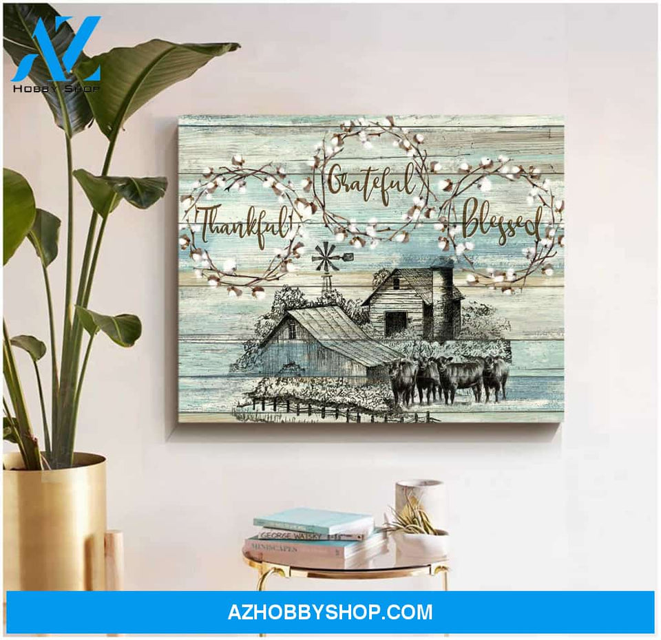 Angus Cows Thankful Grateful Blessed Farm Canvas Wall Art Farmhouse Decor