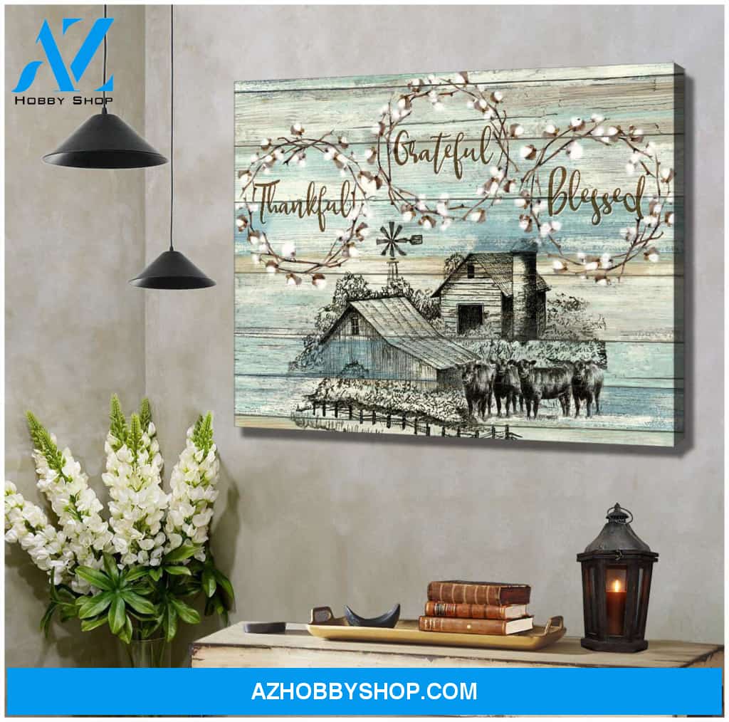 Angus Cows Thankful Grateful Blessed Farm Canvas Wall Art Farmhouse Decor
