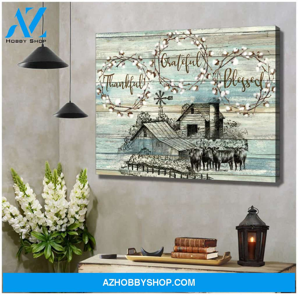 Angus Cows Thankful Grateful Blessed Farm Canvas Wall Art Farmhouse Decor