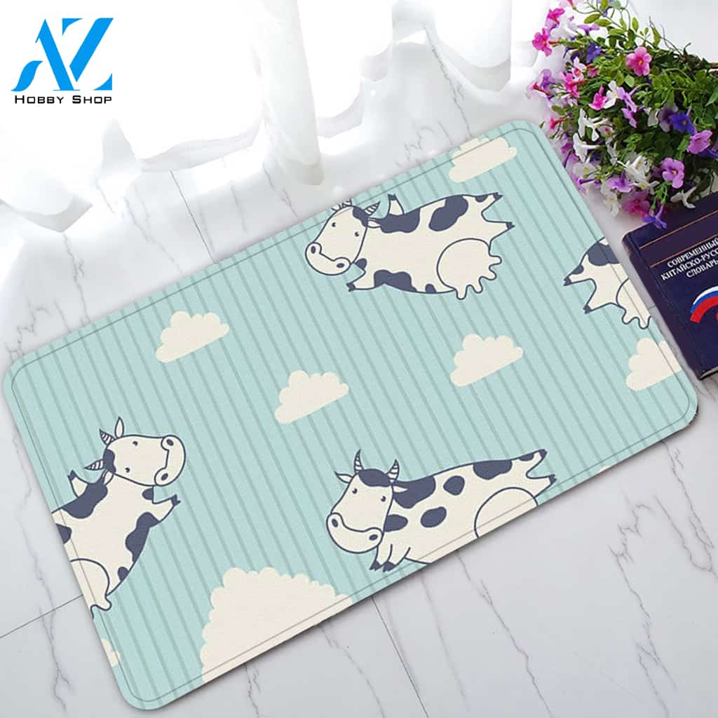 Animal Cattle Cow Flying in Sky Clouds Doormat Welcome Mat House Warming Gift Home Decor Funny Doormat Gift Idea