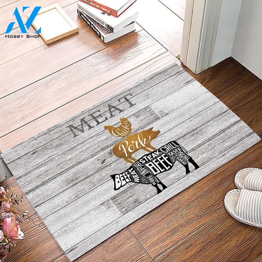 Animal Cow Pig Chicken Meat Retro Wooden Grain Doormat Indoor and Outdoor Doormat Welcome Mat House Warming Gift Home Decor Funny Doormat Gift Idea