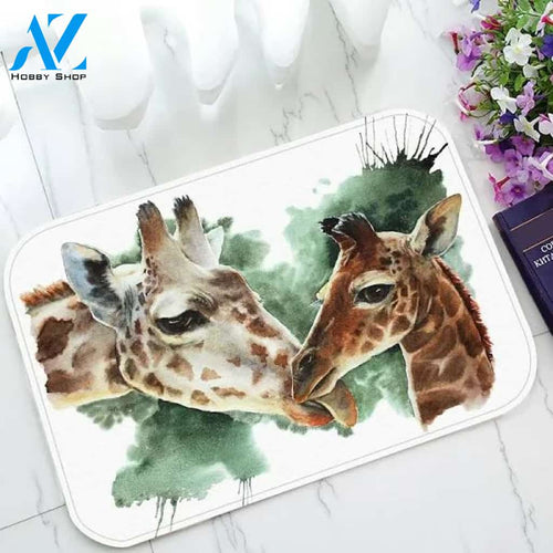 Animal Doormat, Watercolor Couple of Giraffe Doormat Outdoors/Indoor Floor Mats Rugs