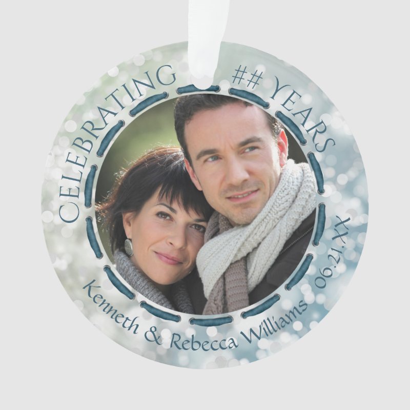Any Anniversary, 2-Photo, Blue And White Bokeh Ornament