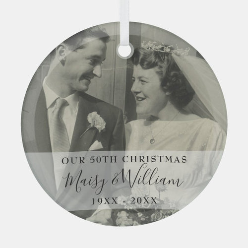 Any Anniversary Year Christmas Wedding Photo Glass Ornament