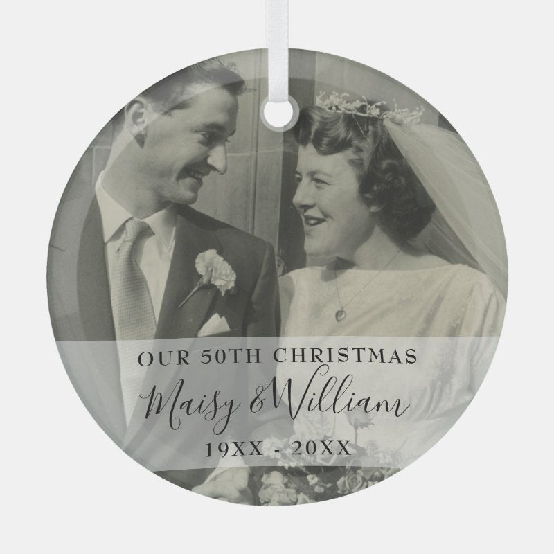 Any Anniversary Year Christmas Wedding Photo Glass Ornament