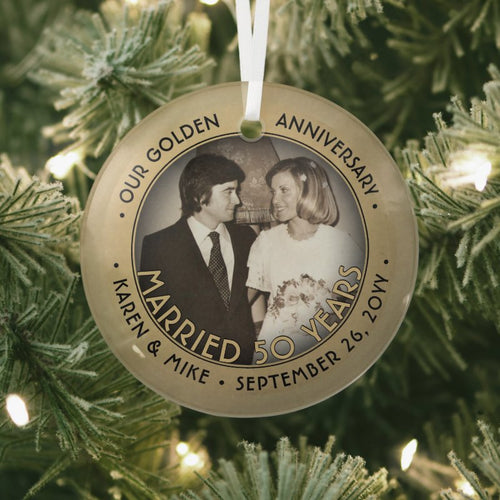Any Text 1 Photo Golden 50Th Wedding Anniversary Glass Ornament