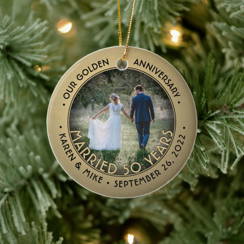 Any Text 2 Photo Golden 50Th Wedding Anniversary Ceramic Ornament