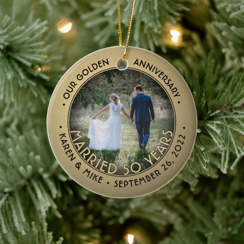 Any Text 2 Photo Golden 50Th Wedding Anniversary Ceramic Ornament