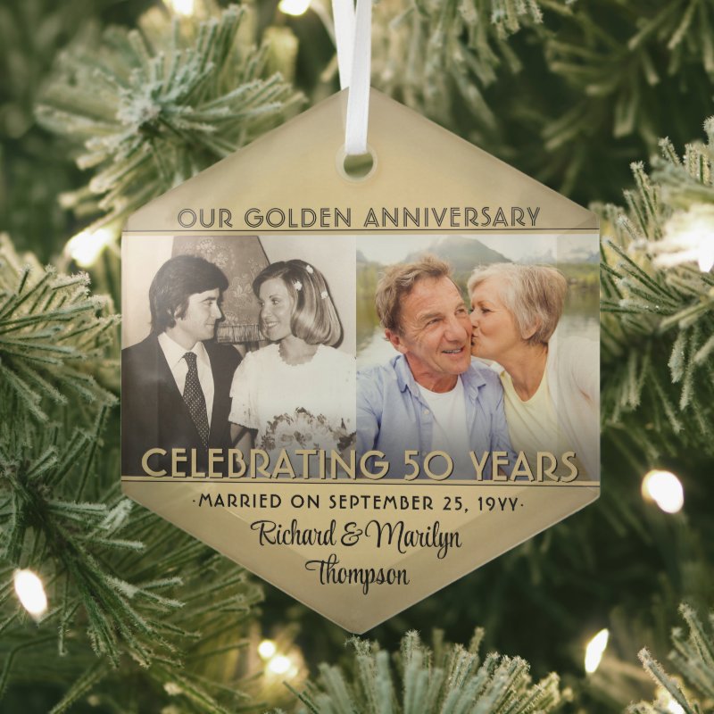 Any Text 2 Photo Golden 50Th Wedding Anniversary Glass Ornament
