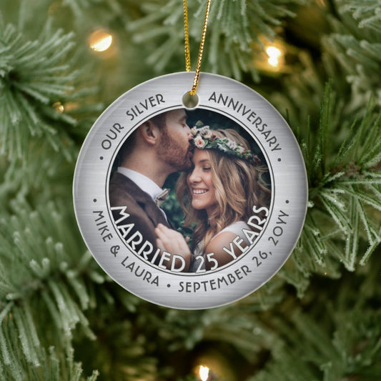 Any Text 2 Photo Silver 25Th Wedding Anniversary Ceramic Ornament