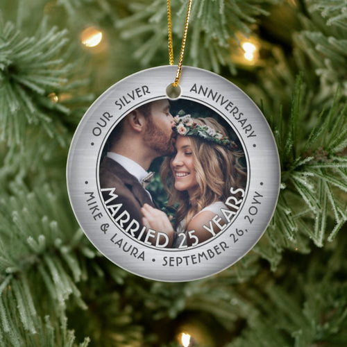 Any Text 2 Photo Silver 25Th Wedding Anniversary Ceramic Ornament