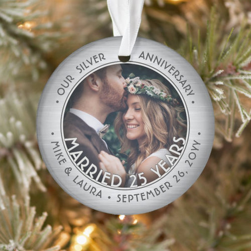 Any Text 2 Photo Silver 25Th Wedding Anniversary Ornament