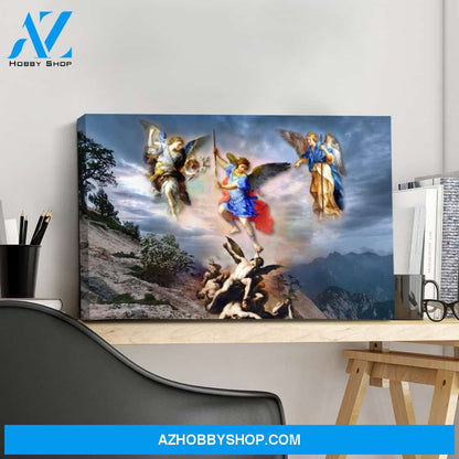Archangels Michael, Gabriel and Raphael Defeat the demons Canvas Wrap