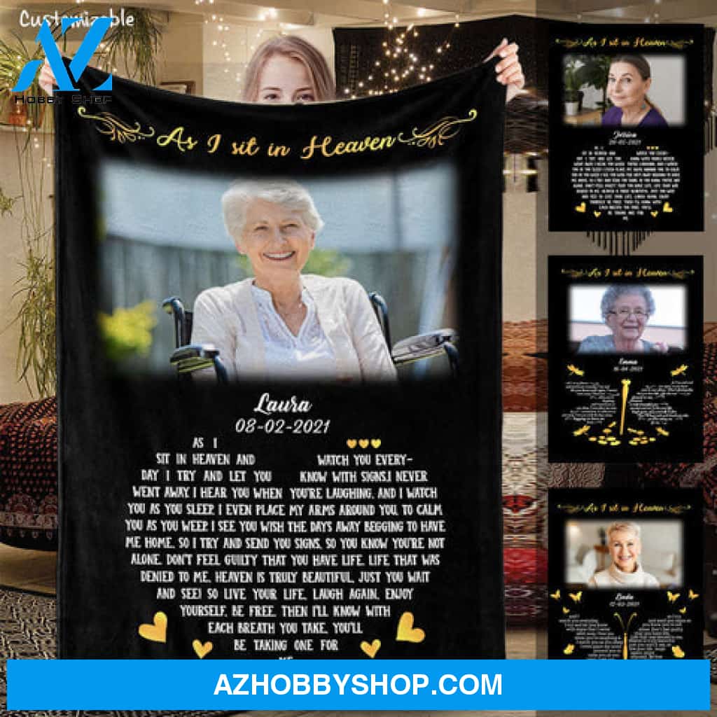 As I Sit In Heaven Black Personalized Photo Blanket Memorial
