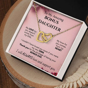 To My Amazing Bonus Daughter -  From Dad - Interlocking Hearts Necklace