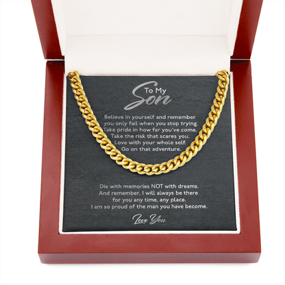 To My Son Necklace Gift - Take pride in how far you've come Take the risk that scares you Love with your whole self Cuban Link Chain Necklace From Mom, Dad LX028D