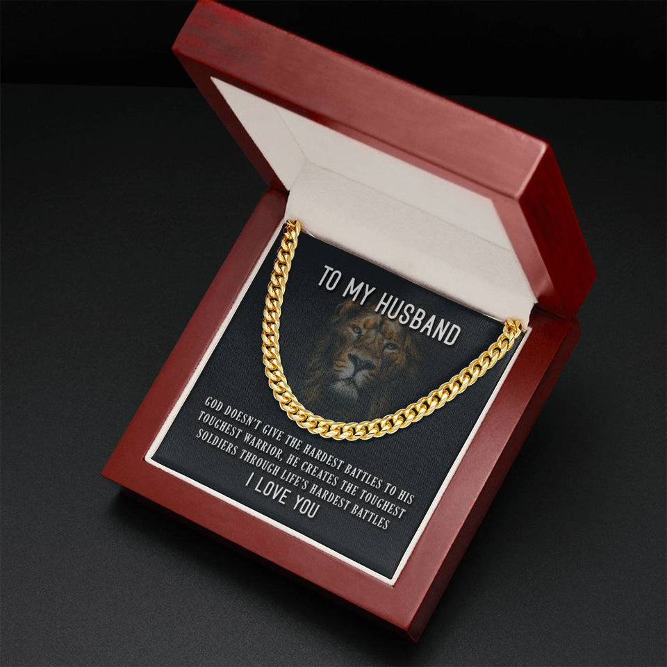 To My Husband Necklace - His Toughest Warrior, Perfect Gift for Idea, Birthday Gift, Anniversary, Father's Day Gift, Cuban Link Chain Necklace