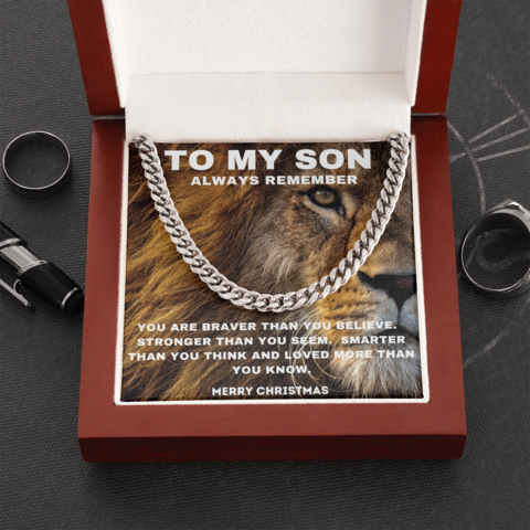 To My Son Lion Necklace - Always remember You are Braver Than You Believe Merry Christmas Cuban Link Chain Necklace LX342P