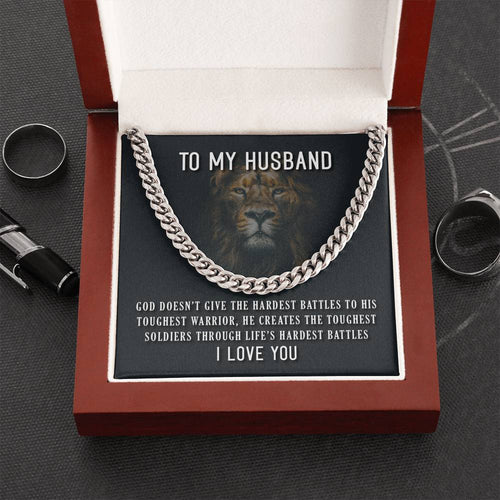 To My Husband Necklace - His Toughest Warrior, Perfect Gift for Idea, Birthday Gift, Anniversary, Father's Day Gift, Cuban Link Chain Necklace