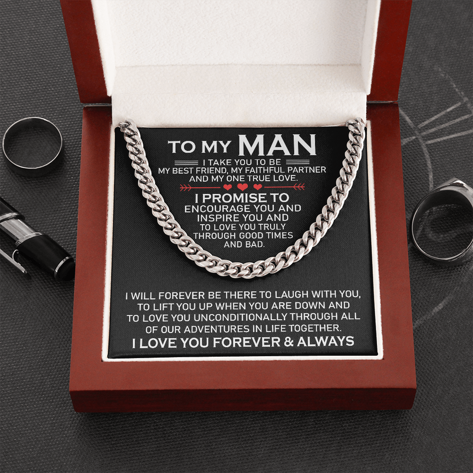 To My Man My One True Love Cuban Link Chain Necklace, Gift for Him, Husband Boyfriend Gift, Christmas Gift for Men