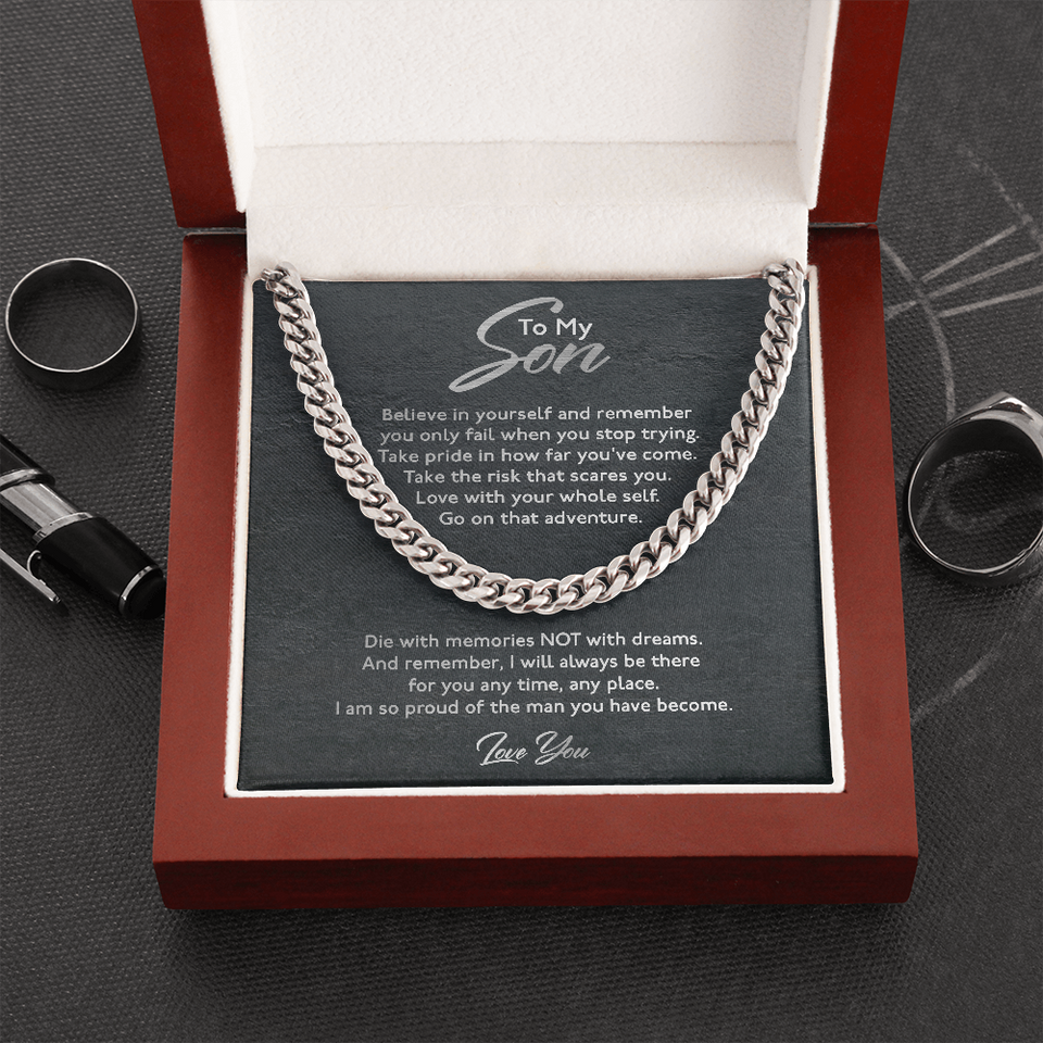 To My Son Necklace Gift - Take pride in how far you've come Take the risk that scares you Love with your whole self Cuban Link Chain Necklace From Mom, Dad LX028D