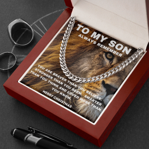 To My Son Lion Necklace - Always remember You are Braver Than You Believe Merry Christmas Cuban Link Chain Necklace LX342P