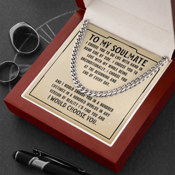 To My Soulmate Necklace - I Choose You To Do Life With Hand In Hand Side by Side Cuban Link Chain Necklace LX331P